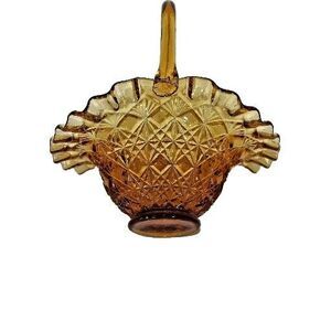 Vintage Amber Glass Small Basket Diamond Cut Ruffled Edge